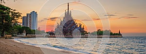 The Sanctuary of Truth wooden temple in Pattaya Thailand, sculpture of Sanctuary of Truth temple