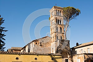 Sanctuary of Vescovio Lazio, Italy.  Church and bell tower in Sabina