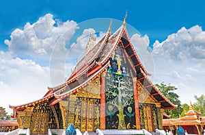 sanctuary, Wat Wang Kham Temple, Khao Wong District, Kalasin Province, with the blue sky cloud.The public property in Thailand