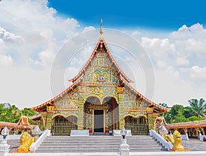 The sanctuary, Wat Wang Kham Temple, Khao Wong District, Kalasin Province, with the blue sky cloud.The public property in Thailand