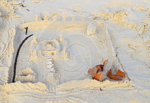 Sand Art & Play - Model of Sand Castle with Central Building, Bridge, Canal and Wall with Pillars on Sea Beach