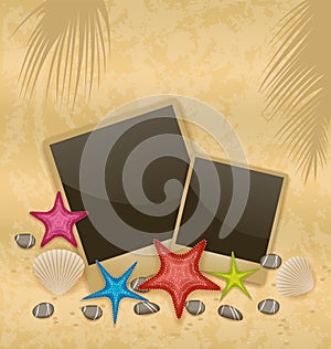Sand background with photo frames, starfishes, peb