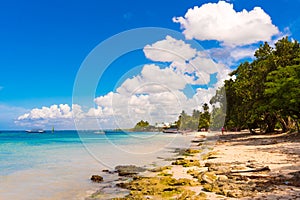 Sand beach in Bayahibe, La Altagracia, Dominican Republic. Copy space for text.