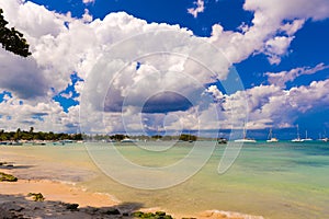 Sand beach in Bayahibe, La Altagracia, Dominican Republic. Copy space for text.