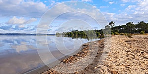 Sand beach and blue summer sky panorama at Lacanau in medoc Gironde France