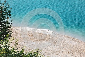 sand beach view blue azure lake water summer time