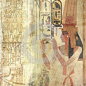 Sand-beige Egypt texture with queen nefertiti and