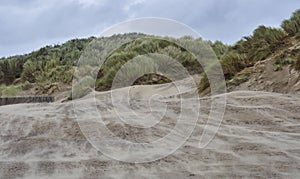 Sand blowing across the beach in Cefn Sidan, and into the marram grass covered coastal dunes.