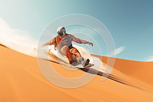 Sand boarding, desert safari. Sandboard. Sandboarding, Guy in dunes with energy, freedom and adrenaline. Orange sand and blue sky