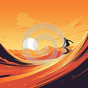 Sand boarding, desert safari. Sandboard. Sandboarding, Guy in dunes with energy, freedom and adrenaline. Orange sand and blue sky