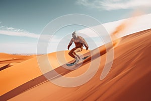 Sand boarding, desert safari. Sandboard. Sandboarding, Guy in dunes with energy, freedom and adrenaline. Orange sand and blue sky