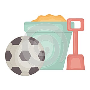 Sand bucket with shovel and soccer balloon square frame and birthday elements vector illustraitor