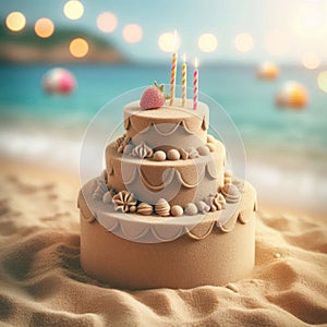 Sand cake with burning candles on the beach.