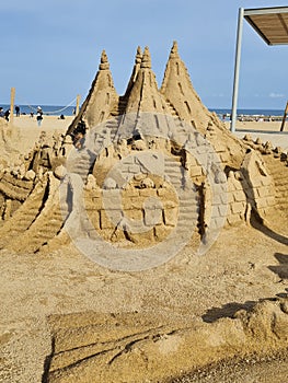 Sand castle in Barceloneta, Barcelona, CataluÃ±a, Spain. Travel and exploring. arts and creativity photo