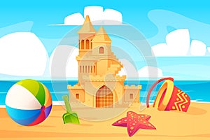 Sand castle on the beach. Cartoon summer seaside landscape with children sandpit toys towers bucket shovel, kids