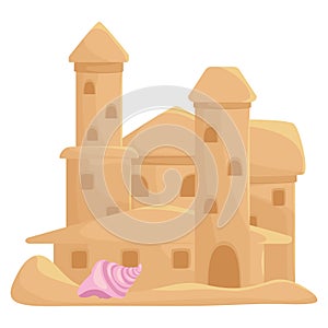 Sand castle beach childish building with towers and seashell vector flat sandy summer construction