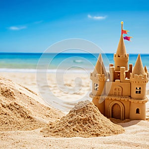 Sand castle on the beach. Summer vacation concept. AI generated