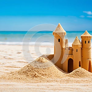 Sand castle on the beach. Summer vacation concept. AI generated
