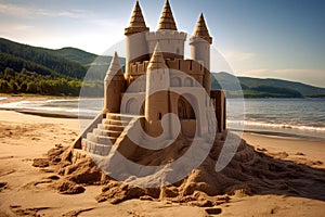 Sand castle beach sunny day. Generate Ai