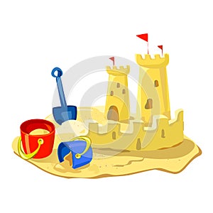 Sand castle, beach toys isolated