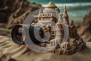 Sand castle with a camera in the desert. 3d illustration. Ai generative