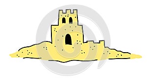 The sand castle is drawn in a doodle style. Vector illustration isolated on white background