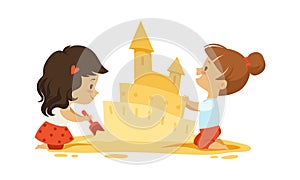Sand castle. Little girls play in sandbox or on beach. Isolated kids outdoors vector characters photo