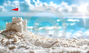 Sand castle with red flag on the beach with the beautiful sea in summer time