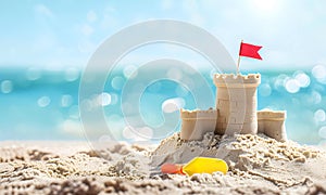 Sand castle with red flag on the beach with the beautiful sea in summer time