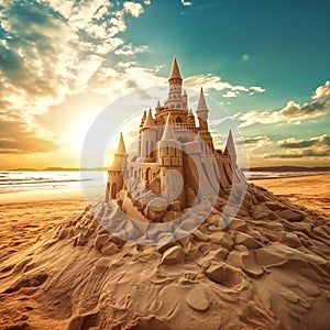 sand castle sculpture built on the beach, summer time beautiful