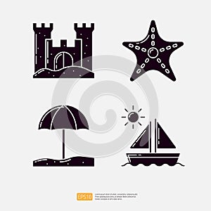 Sand Castle, Starfish Animal, Beach Umbrella, Sailboat Sailing Ship. Summer Vacation Solid Glyph Icon Vector Illustration set