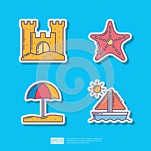 Sand Castle, Starfish Animal, Beach Umbrella, Sailboat Sailing Ship. Summer Vacation Sticker Icon Vector Illustration set
