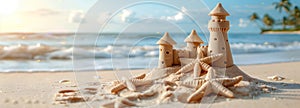 Sand castle with starfish on the beach. Summer vacation concept, banner, text space