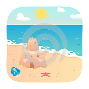 Sand castle on summer beach, funny construction with towers from fantasy of kids