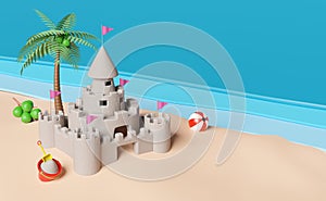 Sand castle with towers,fort,gates and flags,sandy beach,palms,coconut,sea background.summer travel vacation concept,3d