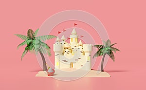 Sand castle with towers, fort, gates and flags, sandy beach, palms tree, coconut, summer travel vacation concept, 3d illustration