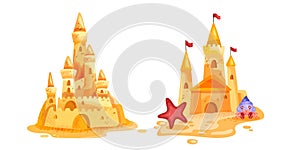 Sand castle vector illustration, summer beach game isolated cartoon concept, tower, crab, starfish.
