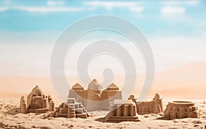 Sand castles, towers and Coliseum on background of sea.