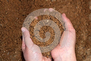 Sand in children`s hands. A child is playing in the sandbox