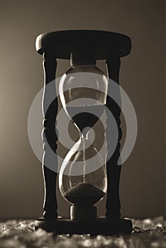 Sand clock on broken glass pieces in blur.