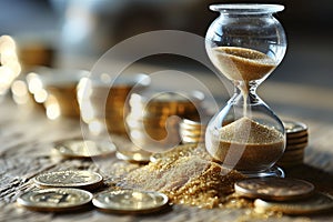 Sand Clock and Coins on Table, Time and Value