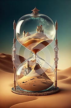 Sand Clock in the Desert, AI generative illustration