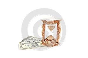 Sand Clock and Dollar Banknote. Sand-glass and Dollar Banknote on white background