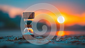 A sand clock with hourglass sitting on a beach at sunset, AI