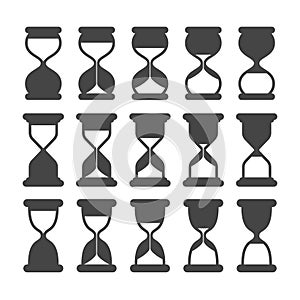 Sand clock or timer silhouette symbols. Retro hourglass, expired black vector icons isolated