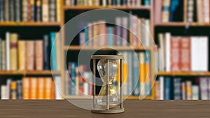 The Sand clock on wood table in library image 3d rendering