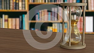 The Sand clock on wood table in library image 3d rendering