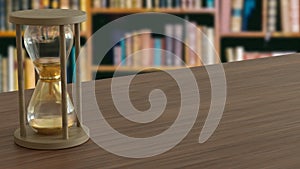 The Sand clock on wood table in library image 3d rendering
