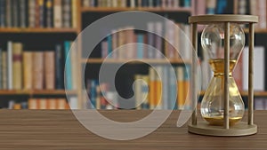 The Sand clock on wood table in library image 3d rendering