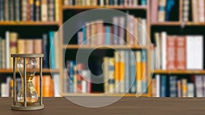 The Sand clock on wood table in library image 3d rendering